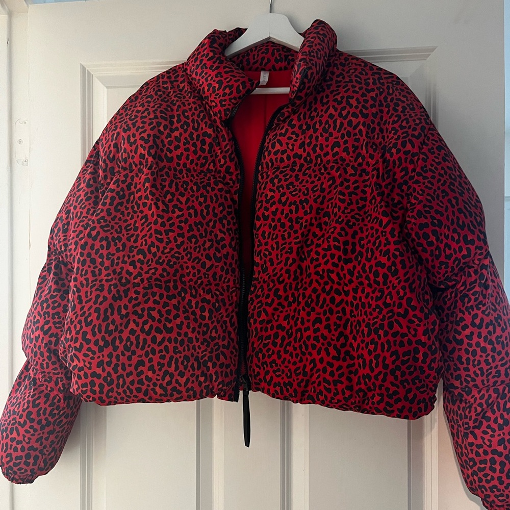 Red Leopard Print Puffer Jacket